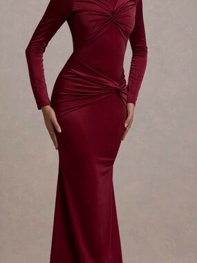 Club L London Long-Sleeve Twist-Front Wine Red Maxi Dress
